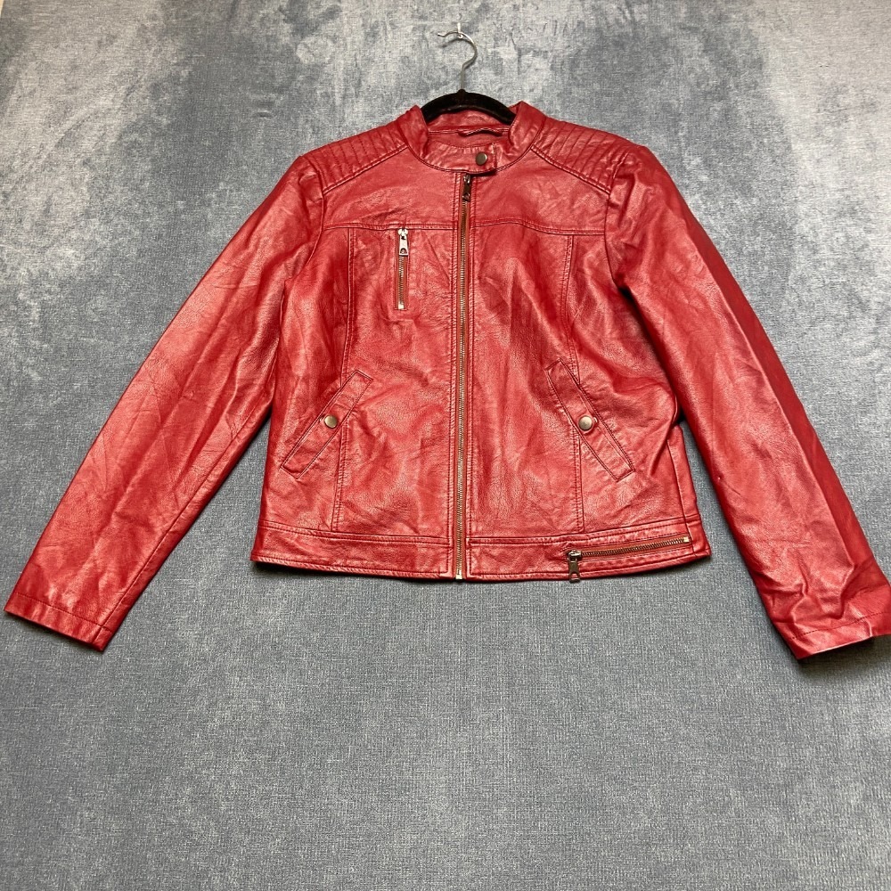 Fahsyee Leather Jacket Womens Large Red Motorcycle Full Zip Pockets Winter Warm